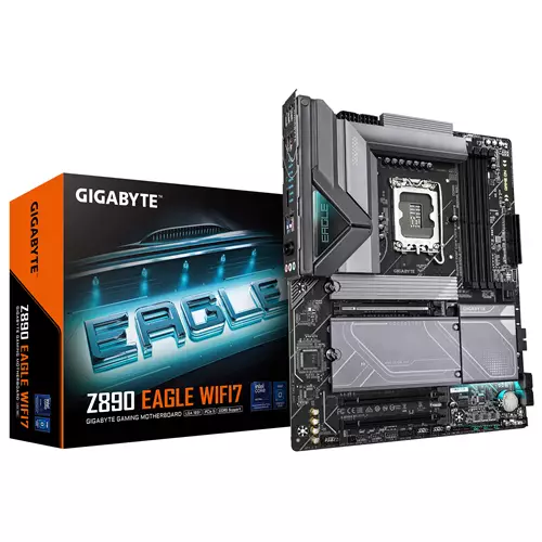 GIGABYTE Z890 EAGLE WIFI7 Motherboard - Supports Intel Core Ultra (Series 2) CPUs 14+1+2 phases VRM up to 8800MHz DDR5 (OC) 1xPCIe 5.0 + 3xPCIe 4.0 Wi-Fi 7 2.5GbE LAN USB 4
