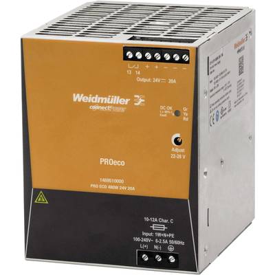 Weidmueller PRO ECO 480W 24V 20A Rail mounted PSU (DIN) 24 V DC 20 A 480 W No. of outputs:1 x Content 1 pc(s)