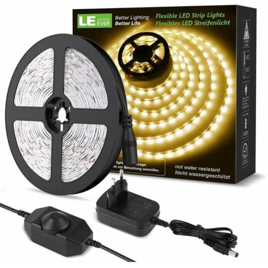 10M Dimmable LED Strip, Warm White 3000K 600 LEDs SMD 2835 LED Strip, 12V Self-adhesive LED Strip with Dimmer, Connectors+Transformer, Indoor