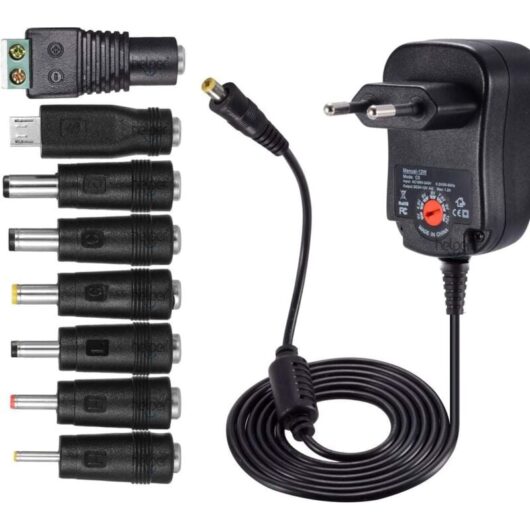Memkey - 12W universal ac-dc power supply 3V, 4.5V, 5V, 6V, 7.5V, 9V and 12V with 8 selectable adapter ports, max. 1000mA, 115cm long charging cable