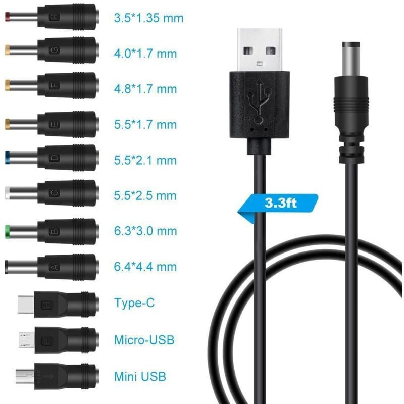 usb to dc 5v cable,USB to DC Power Cable,11-in-1 DC Power Adapter 5.5 x 2.1mm DC Barrel Jack for Laptop, Router etc(1m, black)
