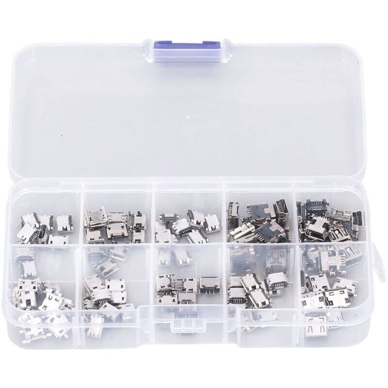 100 Pieces Micro Mini USB Female Plug Connector Micro USB Plugs USB Repair Replacement Adapter Assortment Set with Storage Box