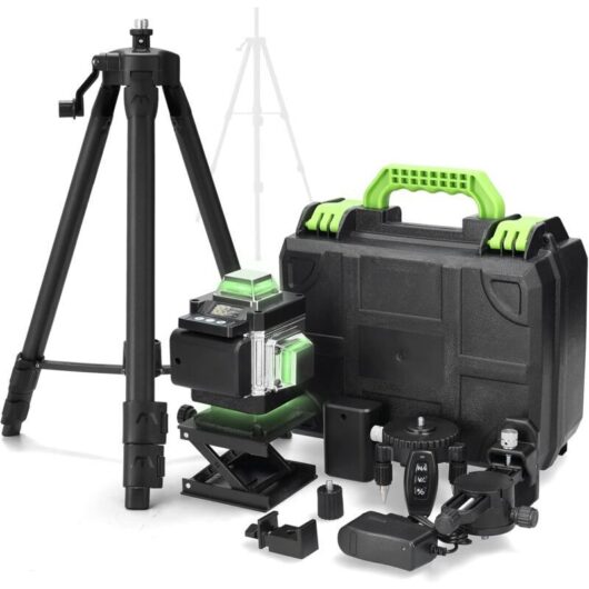 16-Line IP54 Laser Level with Bubble Level, 2 x 2400 mAh Batteries, Telescopic Tripod for Tile Installation, Installation Spacers, Green Cross Laser
