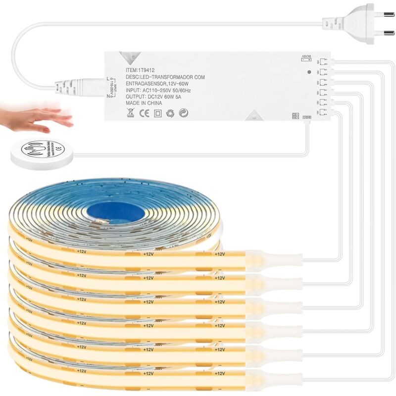 1M COB LED Strip, 6 Pieces COB Warm White LED Strip in Parallel, with Touch and Manual Swipe Dimmer, Cuttable Lighting for Cabinets, Display Cases,