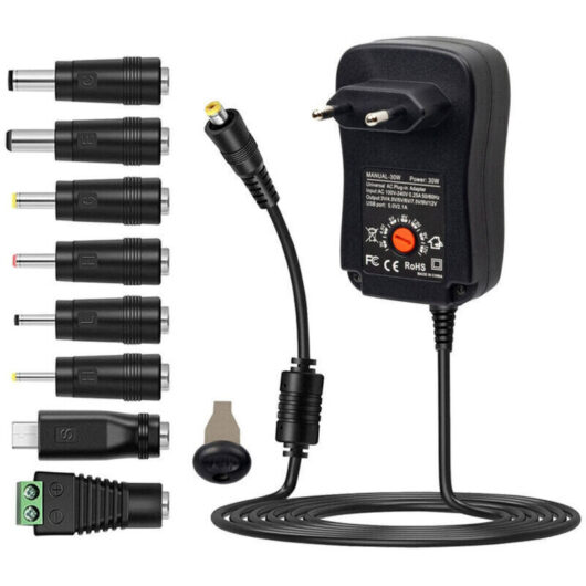 30W Universal Power Supply with 5V 2.1A USB Port, Mains Plug, Adjustable Output Voltage from 3V to 12V and 8 DC Adapters for Home Electronic Devices