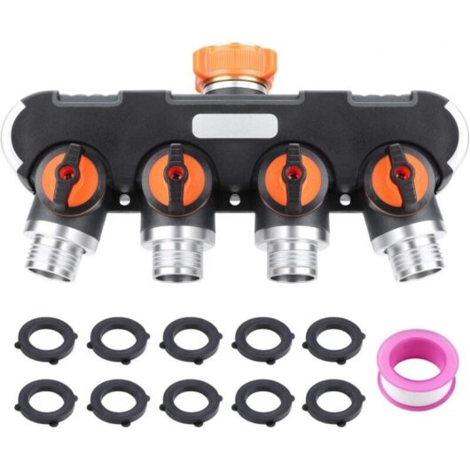 4-Way Distributor, Hose Splitter, Adjustable and Lockable Water Flow, Garden Irrigation Distributor, 3/4" Connector