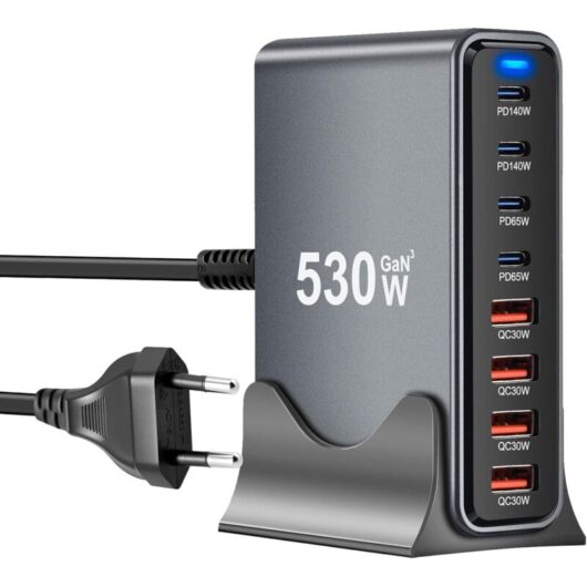 530W USB-C charger with 8 ports, GaN III USB fast charger with 4 USB-C and 4 USB-A ports, Power Delivery, USB-C charging station for MacBook Pro/Air,
