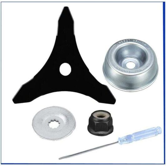 Brush cutter blade with lawnmower blade adapter, maintenance kit