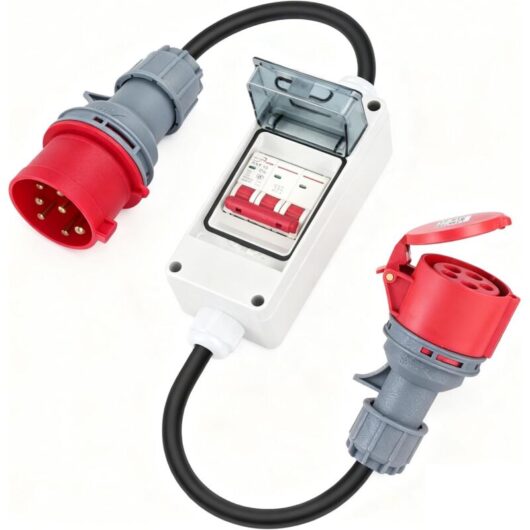 CEE 63A to 32A adapter, IP44 CEE mains adapter plug with circuit breaker, 63A 400V plug to 32A 400V high voltage plug, CEE extension cable with