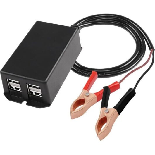 DC Converter with Alligator Clip - Motorcycle USB Charging Adapter, 12V 24V to 5V 3A - 4 USB Ports - Fast Charger for Phones and Tablets - 70cm