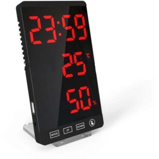 LED mirror clock, thermometer and hygrometer, electronic weather clock, alarm clock, bold red lettering
