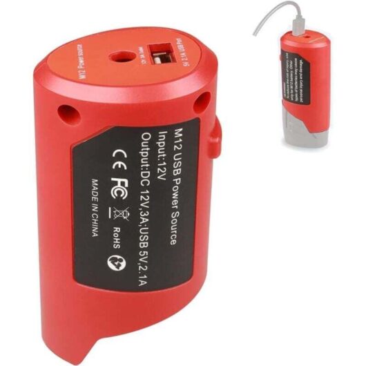 M12 USB Power Adapter for Milwaukee M12 12V Battery with 2.1A USB Port and 12V DC Outlet, Portable USB Device Charging Adapter (Adapter Only)