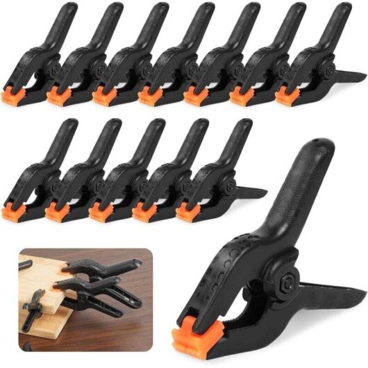 Set of 12 Spring Clamps, 9CM Black Multipurpose Clamp with Movable Jaws, Sturdy for Woodworking, Photography, Background, Garden