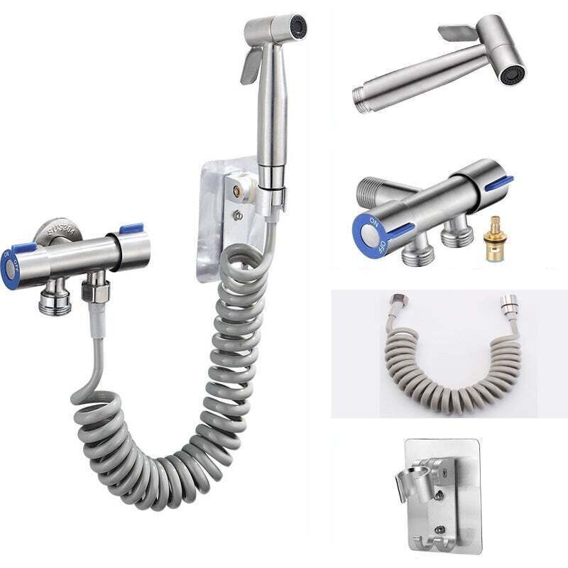 Toilet spray gun set (spray gun + 1.5 m hose + drill-free base + dual-control angle valve) silver
