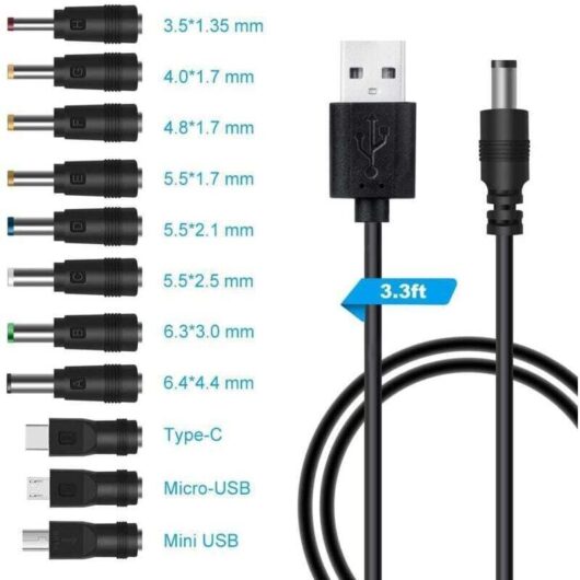 USB to DC 5V cable, USB to DC power cable, 11-in-1 DC power adapter, 5.5 x 2.1mm DC barrel jack for laptop, router, etc. (1m, black)