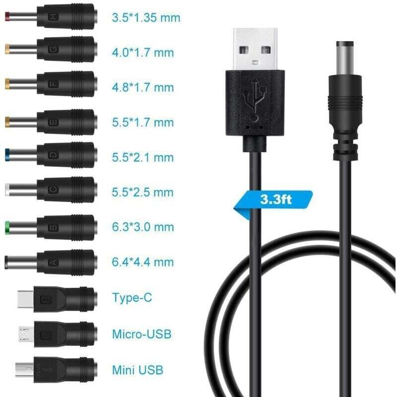USB to DC 5V cable, USB to DC power cable, 11-in-1 DC power adapter, 5.5 x 2.1mm DC barrel jack for laptop, router, etc. (1m, black)