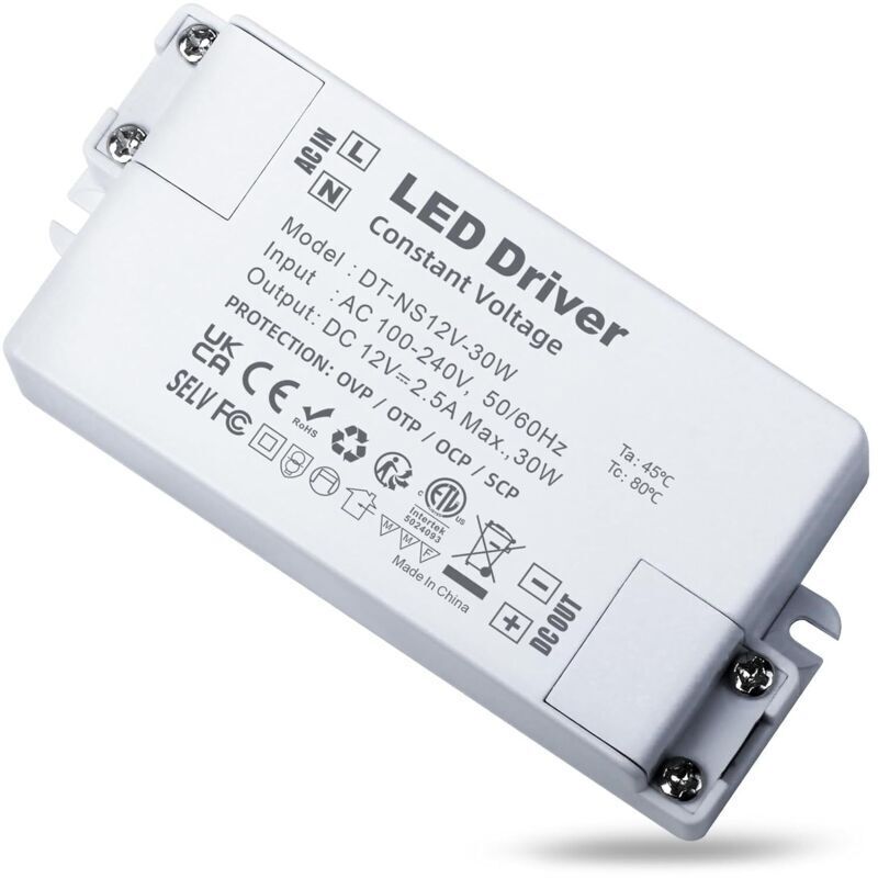 12V 30W LED Transformer, 220V at 2.5A, Low Voltage AC/DC Power Supply, Constant Voltage Driver for Recessed Strips, Lamps and Projectors