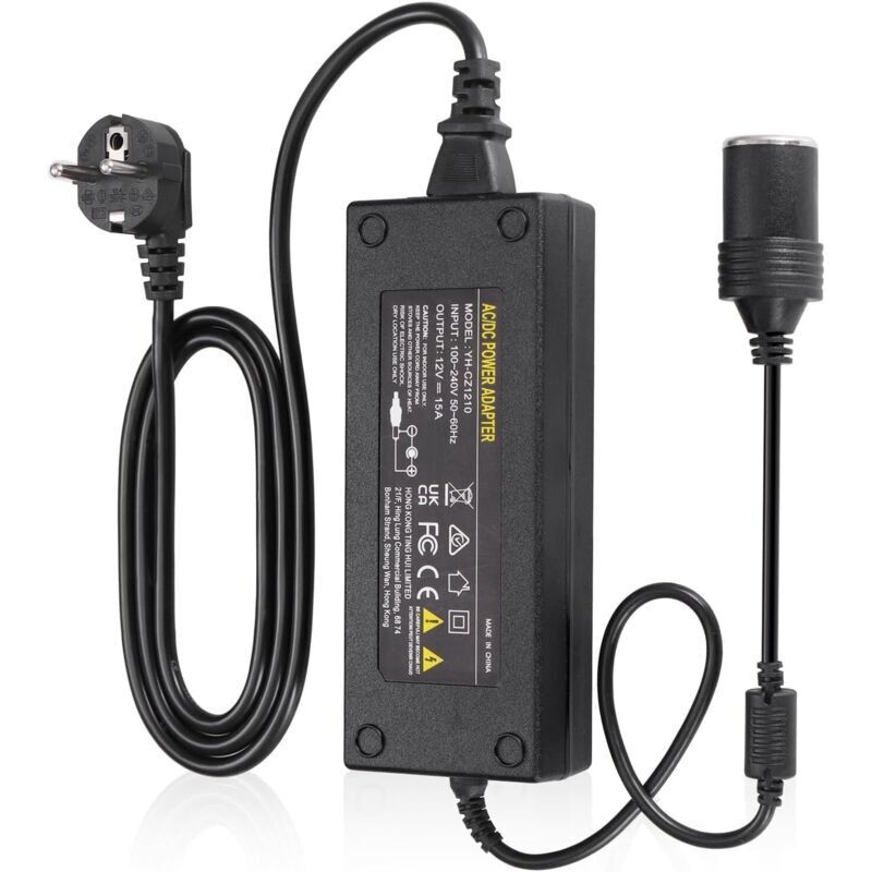 180W 15A Car Power Adapter Voltage Converter 230V to 12V Cigarette Lighter Plug AC to DC Power Adapter for Tire Inflator, Cooler and Other Appliances