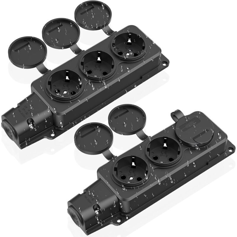 3-Outlet Power Strip, IP54 Weatherproof Outdoor Socket, Protective Contact Outlets with Flip-Top Cover, Outdoor Power Strip, 230V/16A Max. 3500W,