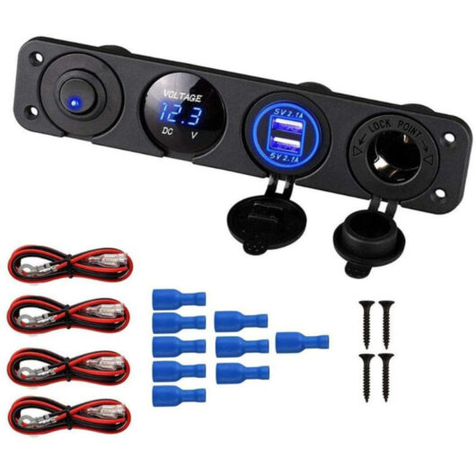 4-in-1 Marine Switch Panel, 12V 4.2A Dual USB Socket Charger Power Outlet with LED Voltmeter and Cigarette Lighter