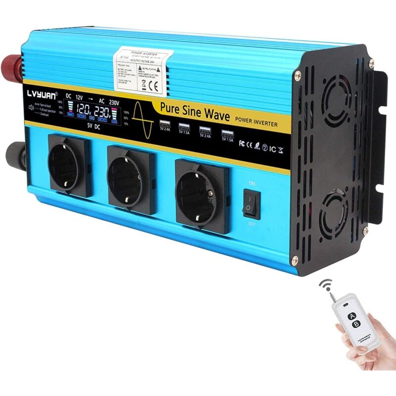 Gotrays - 2500W/5000W Inverter Pure Sine Wave Voltage Converter 12V 230V Car Power Inverter Converter with lcd, Remote Control, 3 Sockets and 4 usb