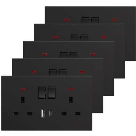 [NEVER USED] Double Socket with USB C 5 Pack, Electrical Double Switched Power Plug Wall Socket with LED Indicator, PC Wall Plate Outlet, Black, 13A