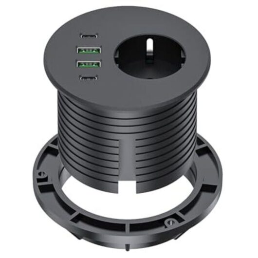 [NEVER USED] Recessed power strip with 65W USB-C port, desktop power strip equipped with 1 Schuko socket, 2 USB-A ports, 2 USB-C ports and a 2m power