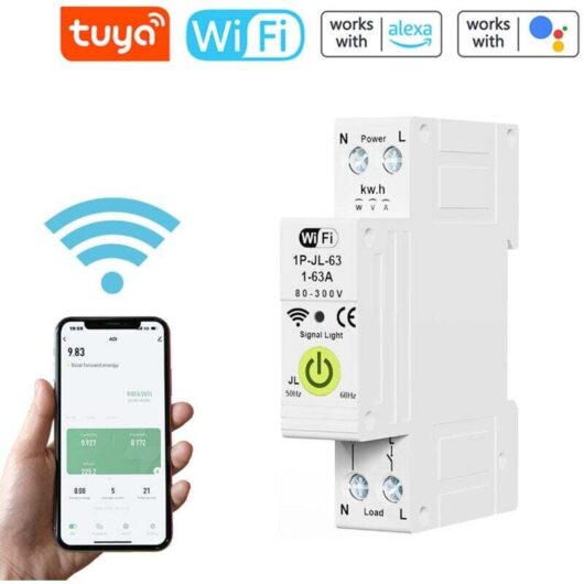 TUYA WIFI Smart Circuit Breaker Power Measurement Energy Meter 1P 63A Voltmeter Ammeter DIN Rail Smart Life Wireless Remote Control Switch Timer