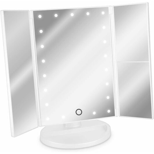 3-Sided LED Lighted Mirror - Folding Tri-fold Makeup Mirror on Stand with 2x and 3x Magnification - Battery or USB Powered - White