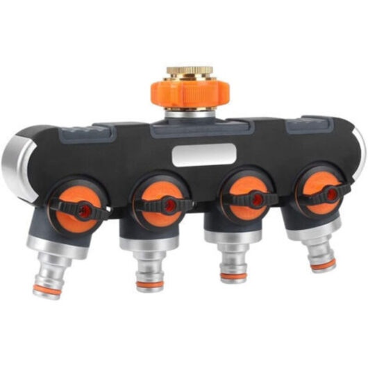 4-Way Irrigation Distributor - 3/4" and 1/2" Water Distributor with Valve Faucet to Connect Two Devices Simultaneously, Adjustable Water Flow,