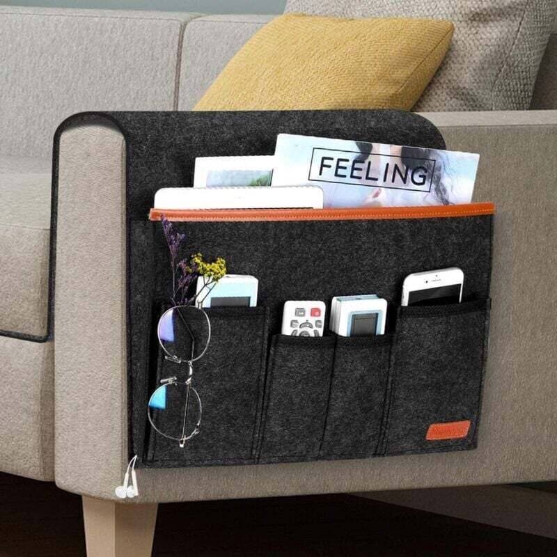 Armchair Armrest Bag, Felt Hanging Chair Organizer Caddy, Sofa Remote Control Holder with 5 Pockets for Phone, iPad, Magazines, Glasses, Cables (Dark