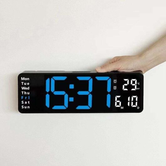 Large black and blue digital wall clock with ice blue LED display and adjustable brightness.