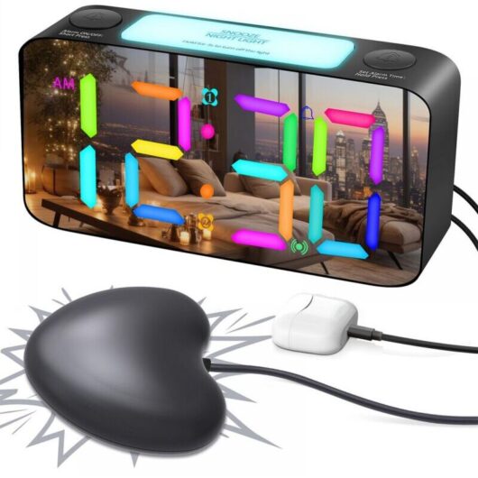 [NEVER USED] RGB Vibrating Alarm Clock, Factory Direct, 15 Colors, Powerful Sound, Large Characters, Large Display, Accessories Included - Black