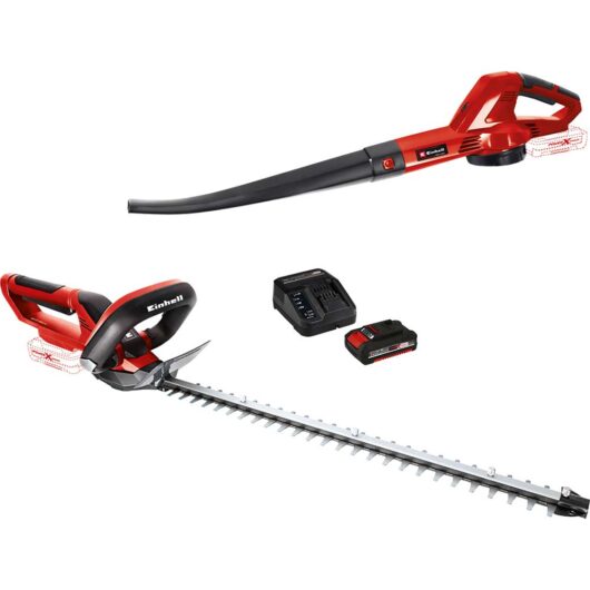 Einhell 2 Piece 18v Cordless Hedge Trimmer and Leaf Blower Garden Power Tool Kit 1 x 2ah Li-ion Battery Charger