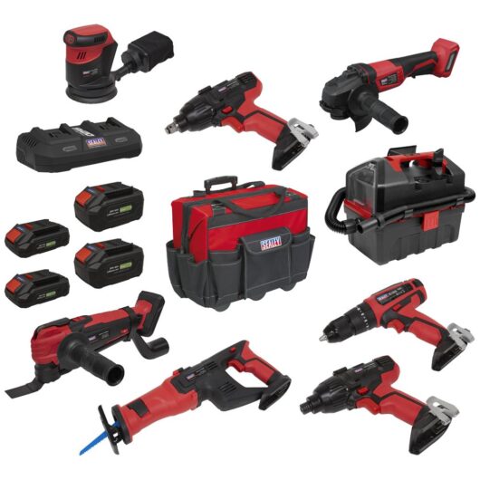 Sealey CP20V 20v Cordless 8 Piece Power Tool Kit 2 x 2ah, 1 x 3ah & 1 x 4ah Battery Charger Case