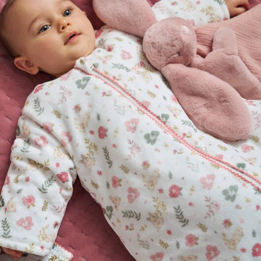 Baby sleeping bag with detachable long sleeves, ENCHANTED RABBIT printed white