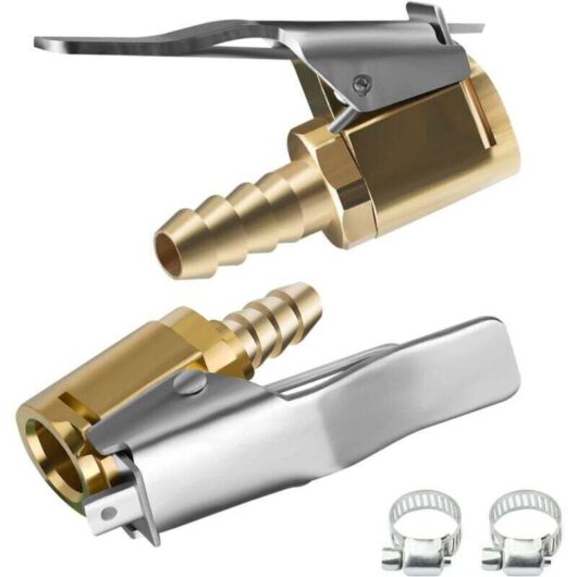 Car tire valve adapter, 2 pieces 6 mm & 1/4" brass inflation nozzles, tire valve conversion clip, compatible with all threaded tire valves.