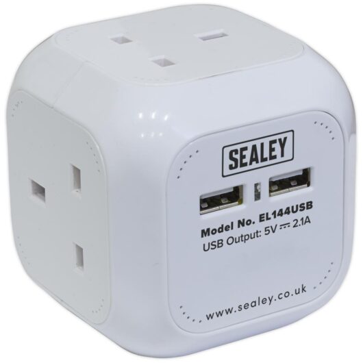 Sealey 4 Way Mains Extension Cube and USB Sockets 240v 1.4m