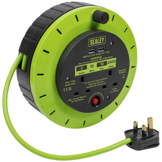 Sealey Cable Extension Reel Cassette 2 x 240v and 2 x USB 10m