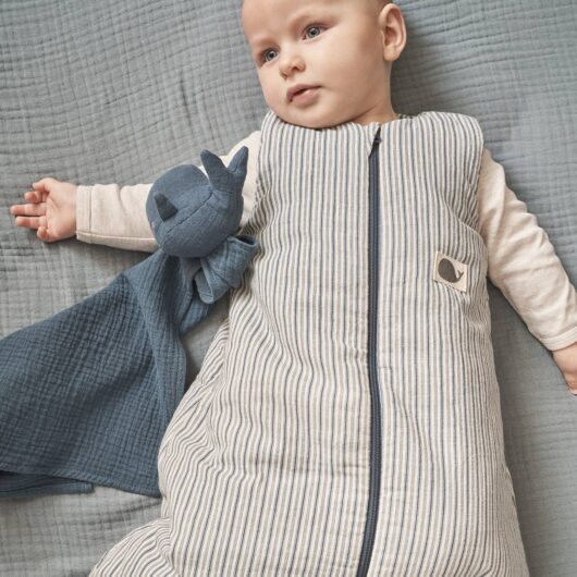 Sleeveless Baby Sleeping Bag, Fastening in the Middle, NAVY SEA striped blue