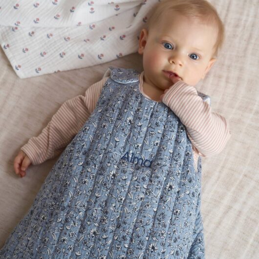 Sleeveless Baby Sleeping Bag in Cotton Gauze, INDIA printed blue