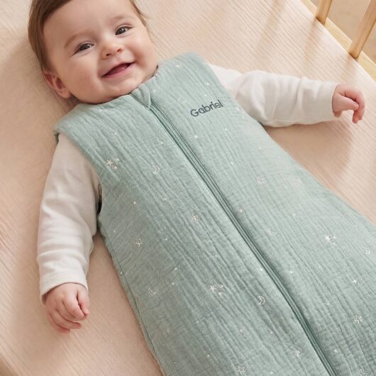Sleeveless Cotton Muslin Travel Jumpsuit with Moon & Stars Print sage green