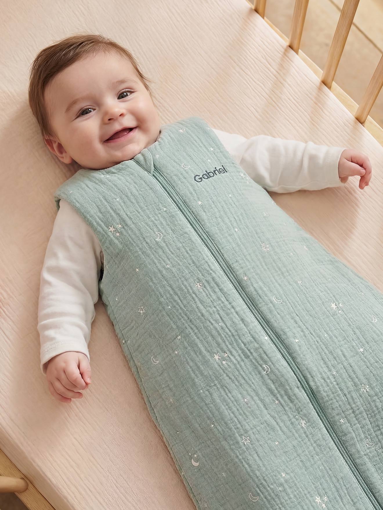 Sleeveless Cotton Muslin Travel Jumpsuit with Moon & Stars Print sage green