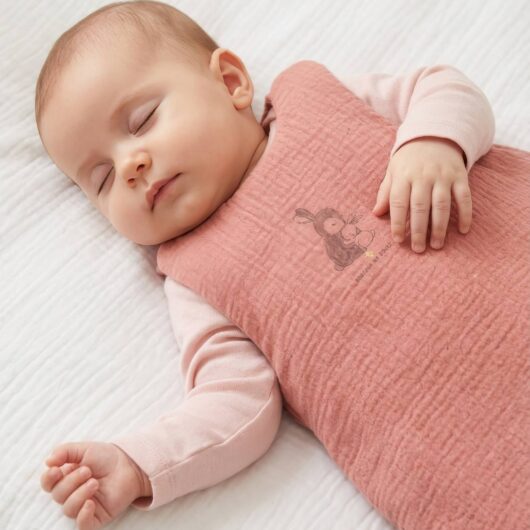 Sleeveless baby sleeping bag in cotton muslin RABBIT old rose