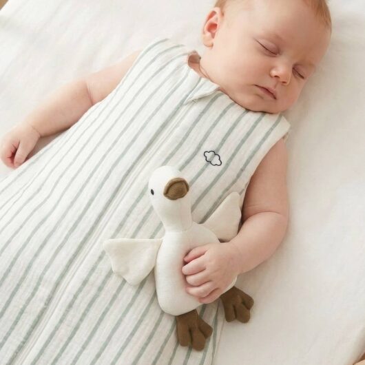 Summer Sleeping Bag with Central Opening, in Striped Cotton Muslin, for Babies sage green